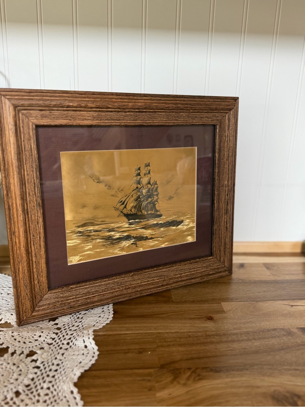 Framed Gold Sailboat Artwork in Brown Frame